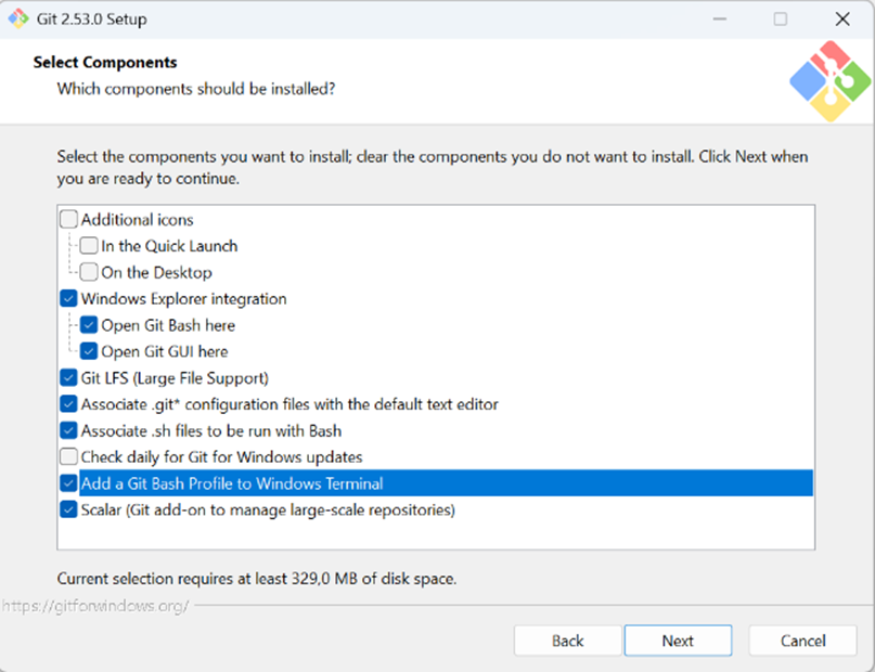Git installer Select Components screen — check "Add a Git Bash Profile ...