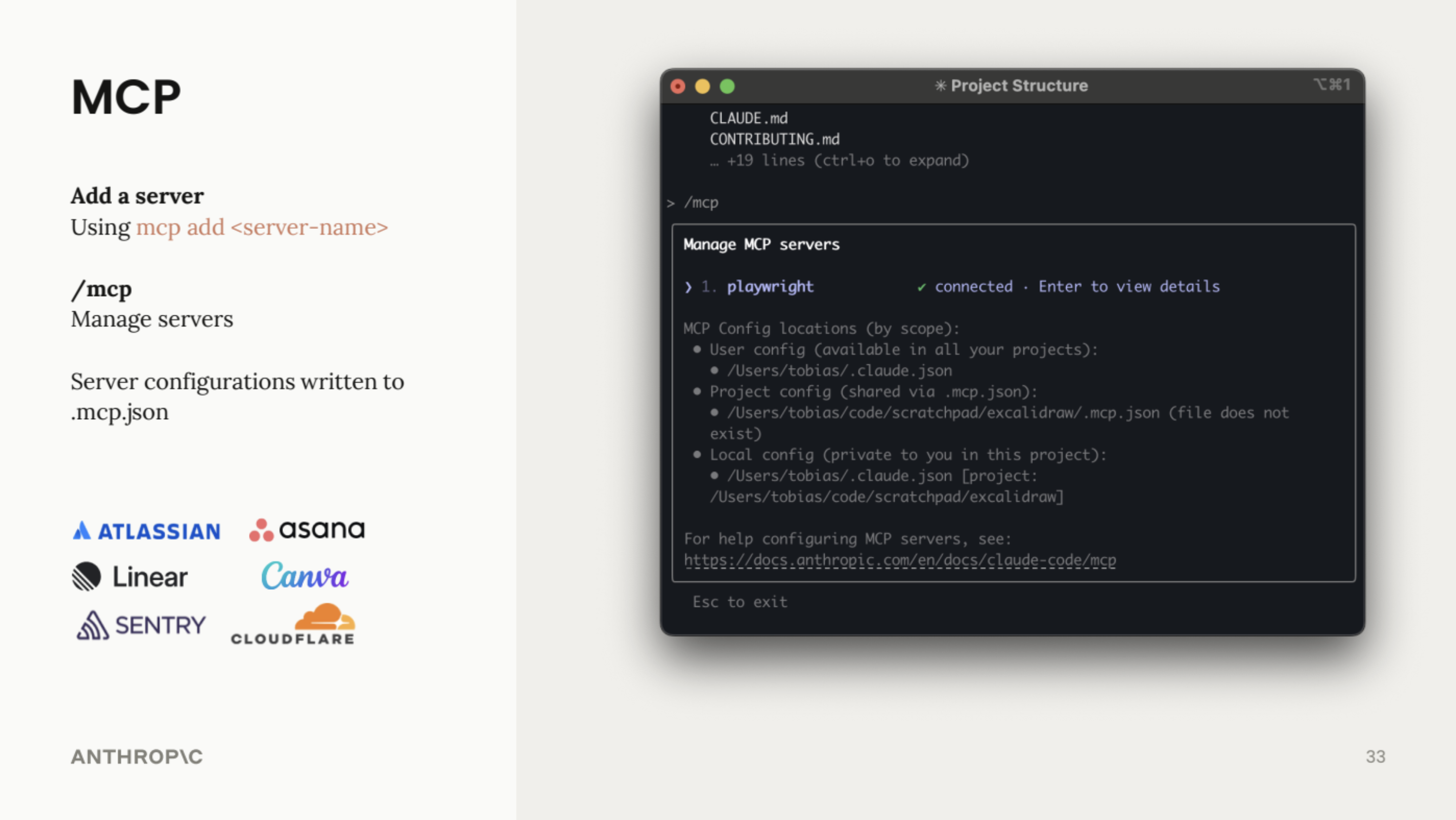 MCP in Claude Code -- add servers, manage via /mcp, configure in .mcp.json